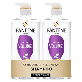 Pantene front packaging shows Sheer Volume shampoo and benefits