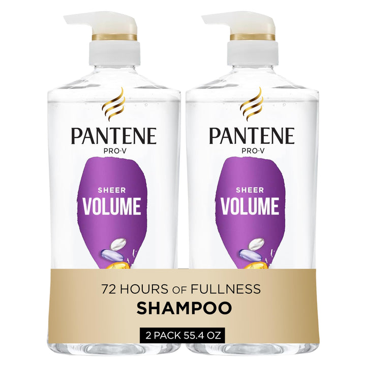Pantene front packaging shows Sheer Volume shampoo and benefits