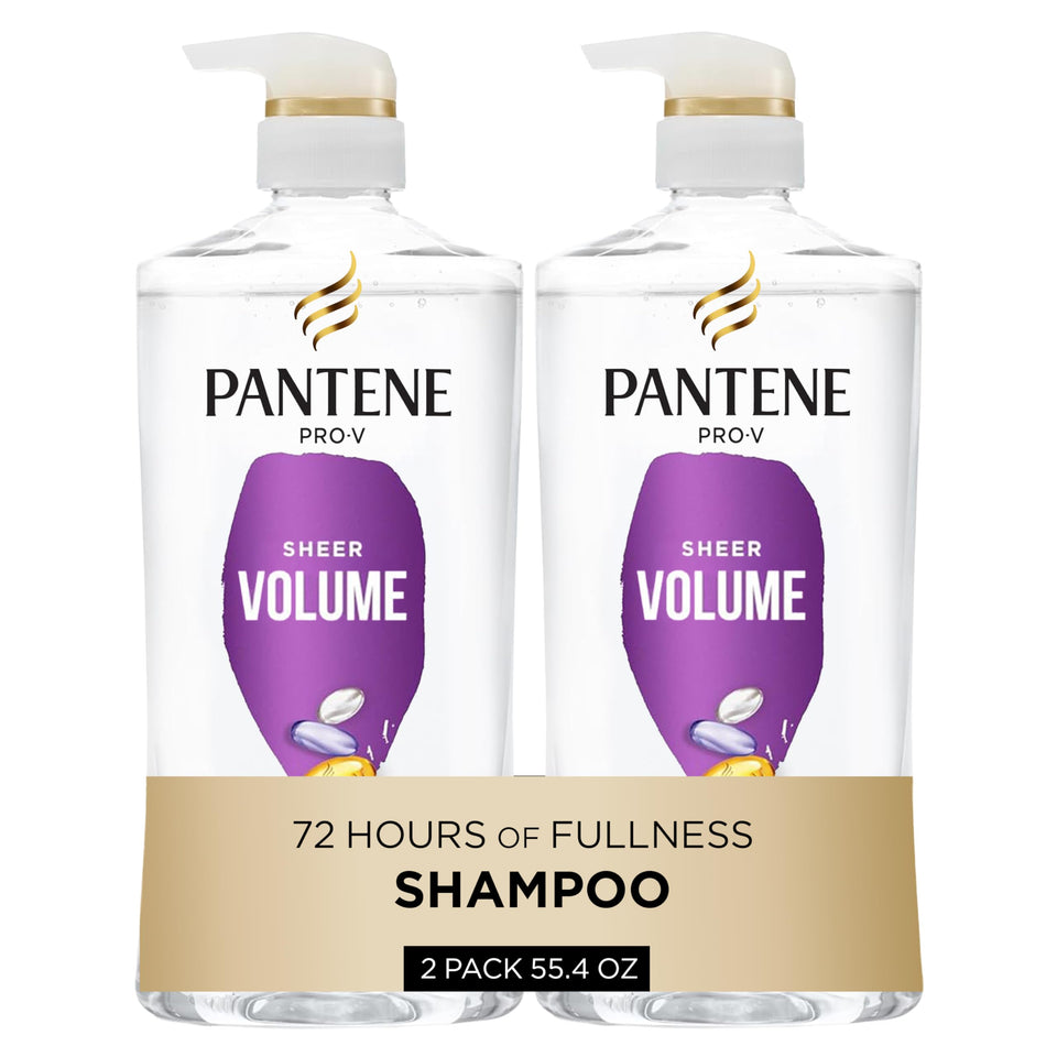 Pantene front packaging shows Sheer Volume shampoo and benefits