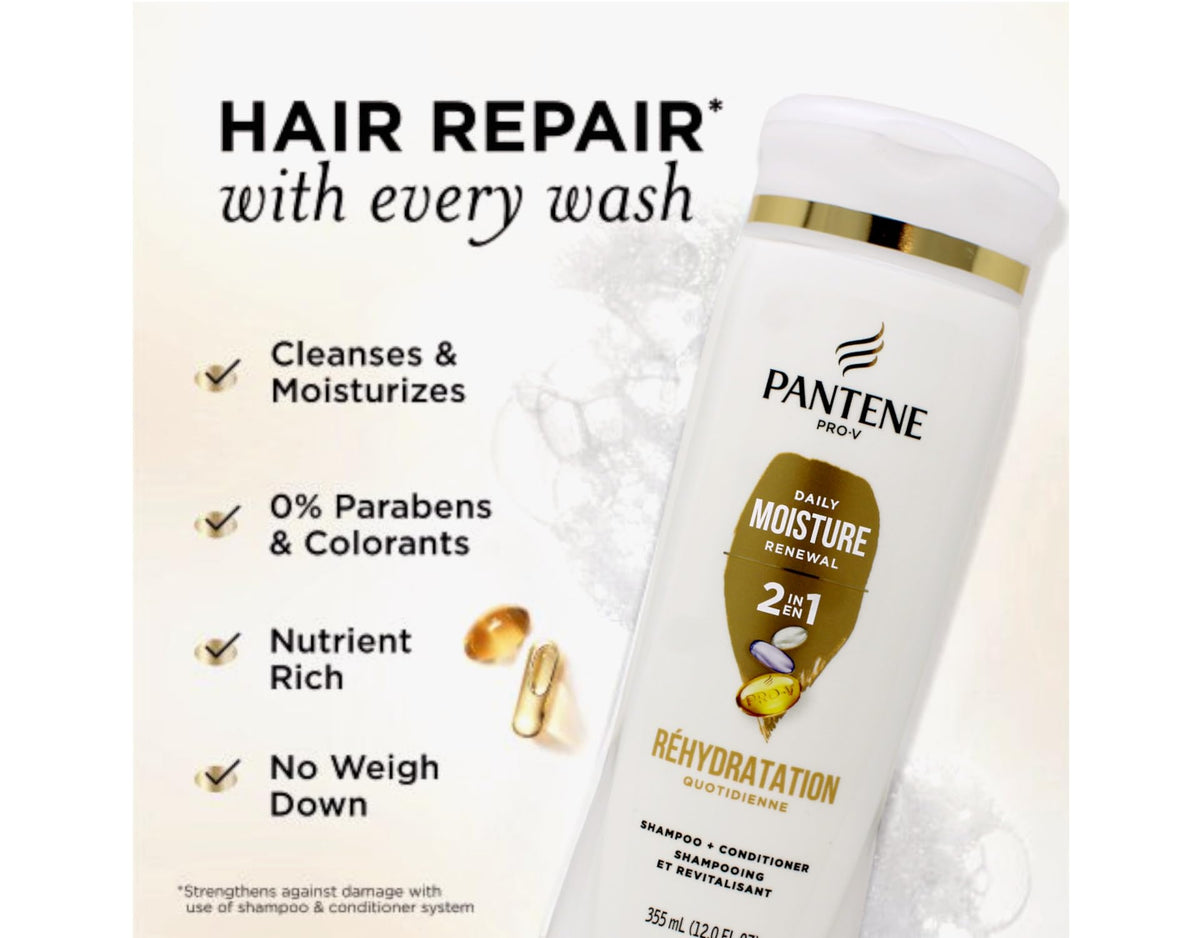 Pantene bottle beside common items showing 12 oz size and travel convenience