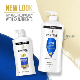 Pantene bottles next to a hand for size comparison and convenient use