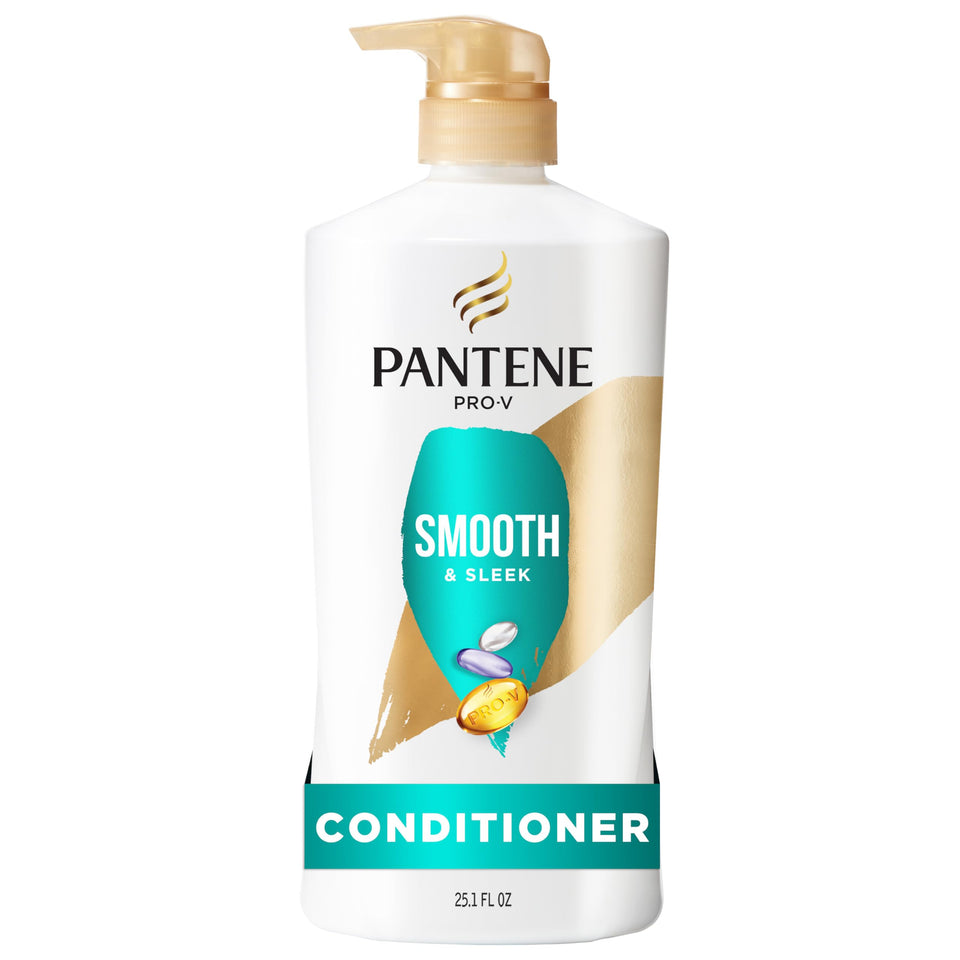 Pantene front packaging showing Smooth and Sleek conditioner benefits