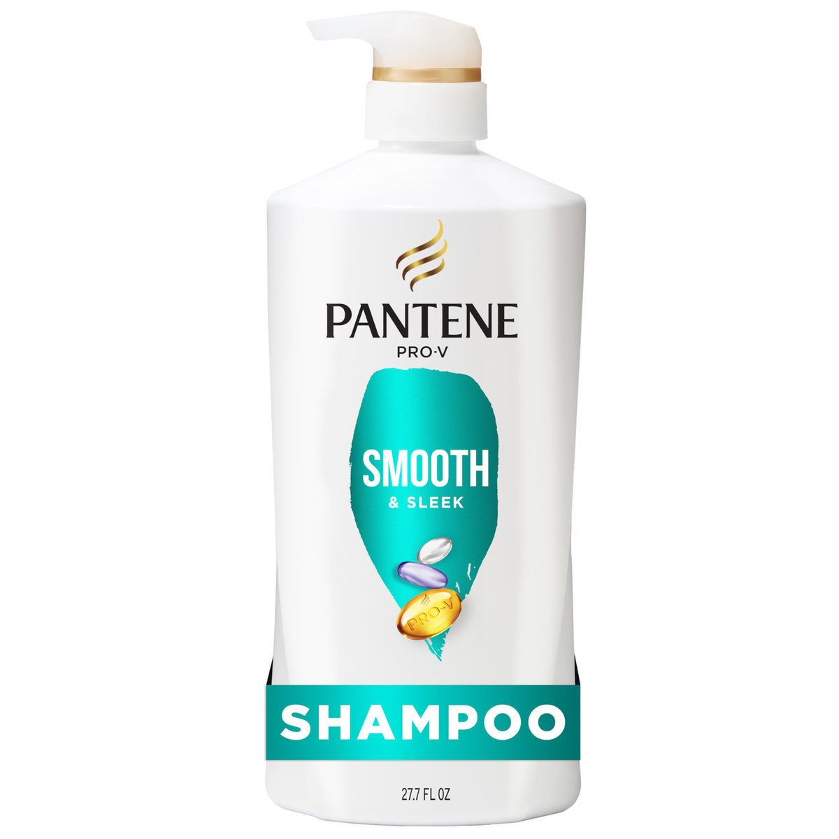 Pantene front label showing smooth and sleek benefits for frizz control