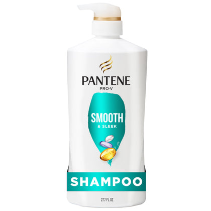 Pantene front label showing smooth and sleek benefits for frizz control
