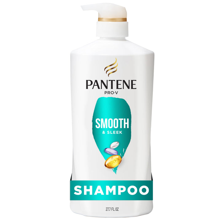 Pantene front label showing smooth and sleek benefits for frizz control