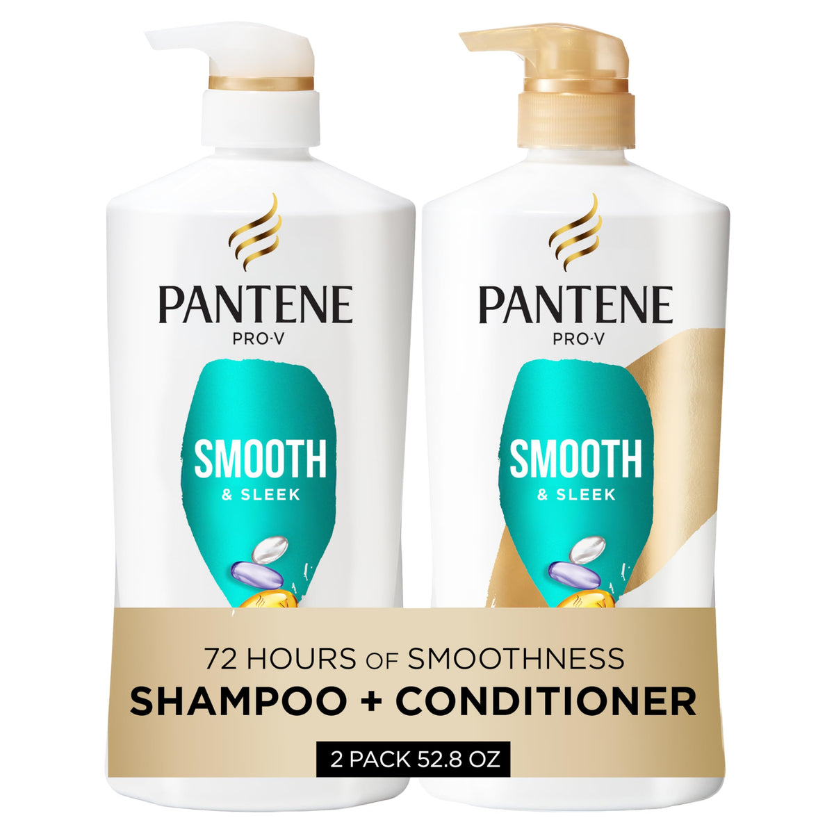 Pantene front set showing shampoo and conditioner for sleek smooth hair benefits