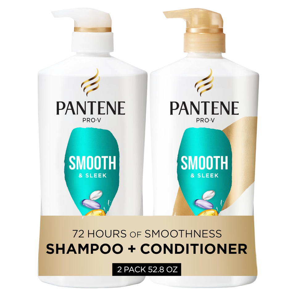 Pantene front set showing shampoo and conditioner for sleek smooth hair benefits
