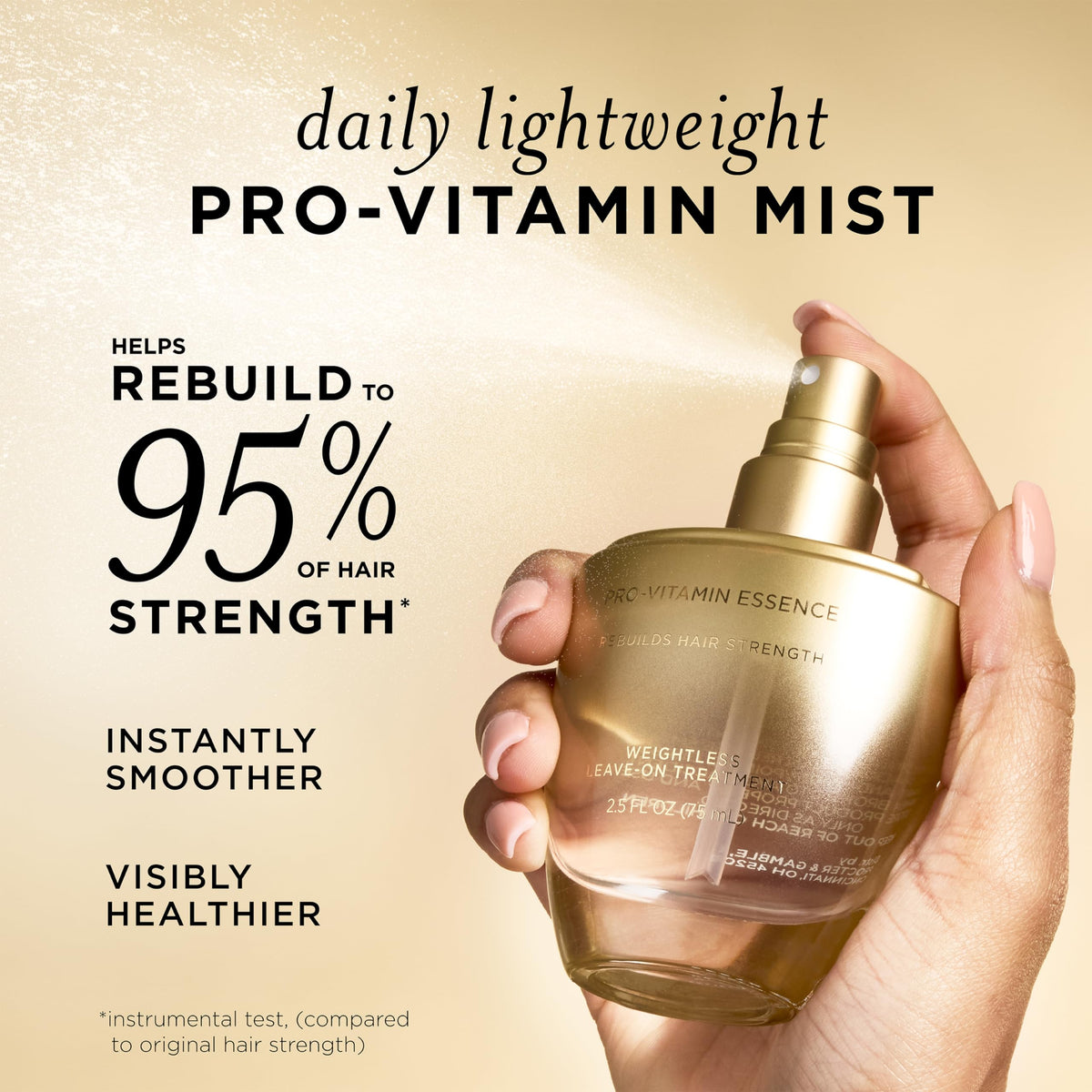 Pantene spray nozzle close-up illustrating precise, even misting benefit