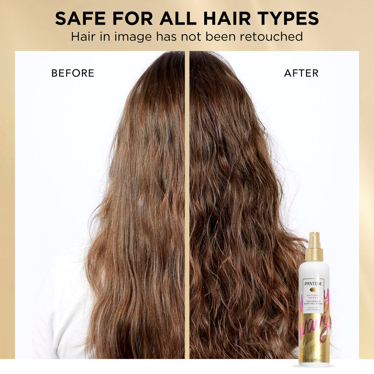 Pantene spray being applied to hair to add texture and effortless beachy waves