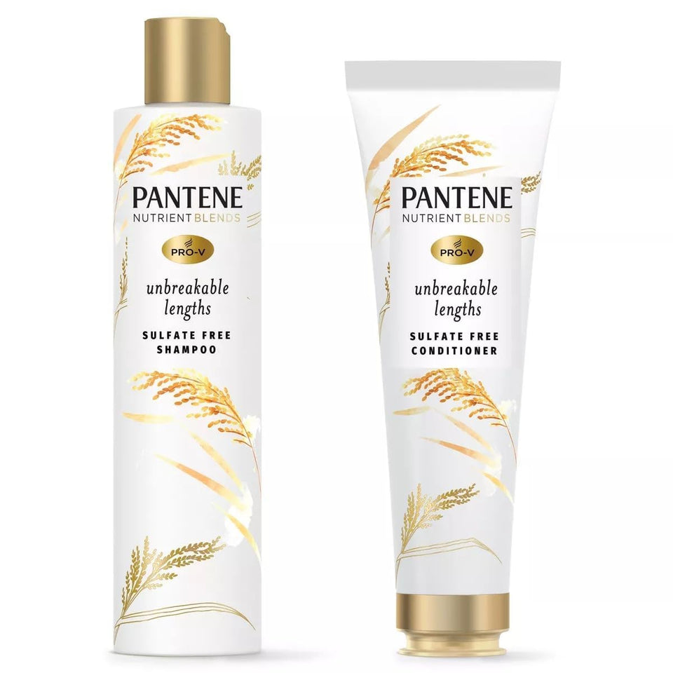 Pantene front packaging showing product duo and benefits for stronger hair