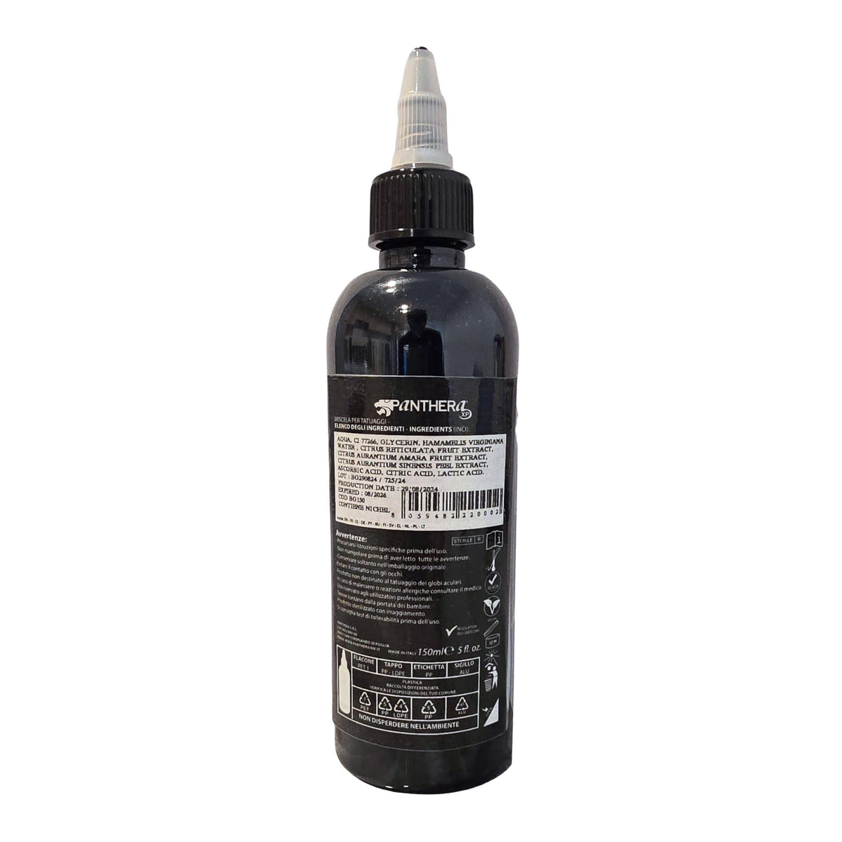 Panthera Black Gold bottle in hand demonstrating 150ml size and studio-ready capacity