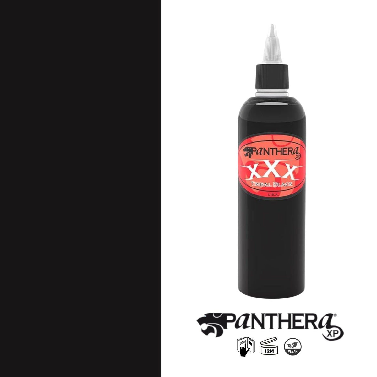 Panthera ink in use during tattoo session showing bold black filling benefit