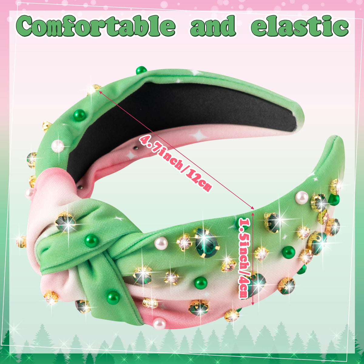 PANTIDE close-up of green rhinestones and pearls highlighting sparkle and refined detail