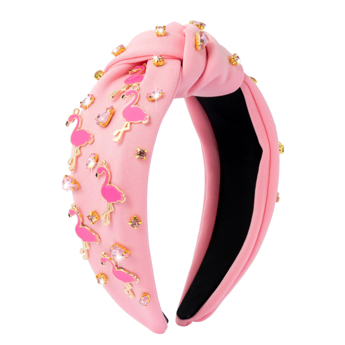 PANTIDE flamingo headband front view shows knot and rhinestones for stylish wear