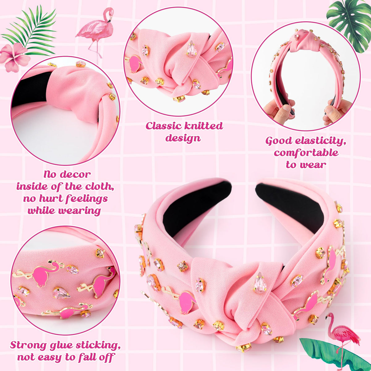 PANTIDE flamingo headband side view of top knot showing shape and comfort