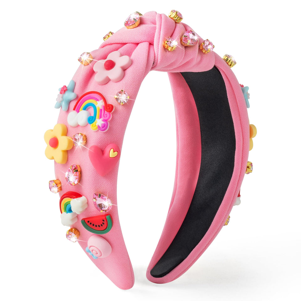 PANTIDE front view pink top-knot headband showing colorful embellishments and shape benefit sparkle