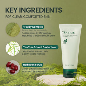 Papa Recipe clays and tea tree leaves displayed to show purifying ingredients