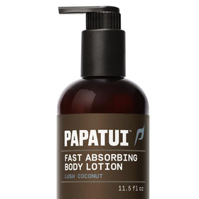 PAPATUI front bottle view showing lush coconut scent and quick hydration benefit