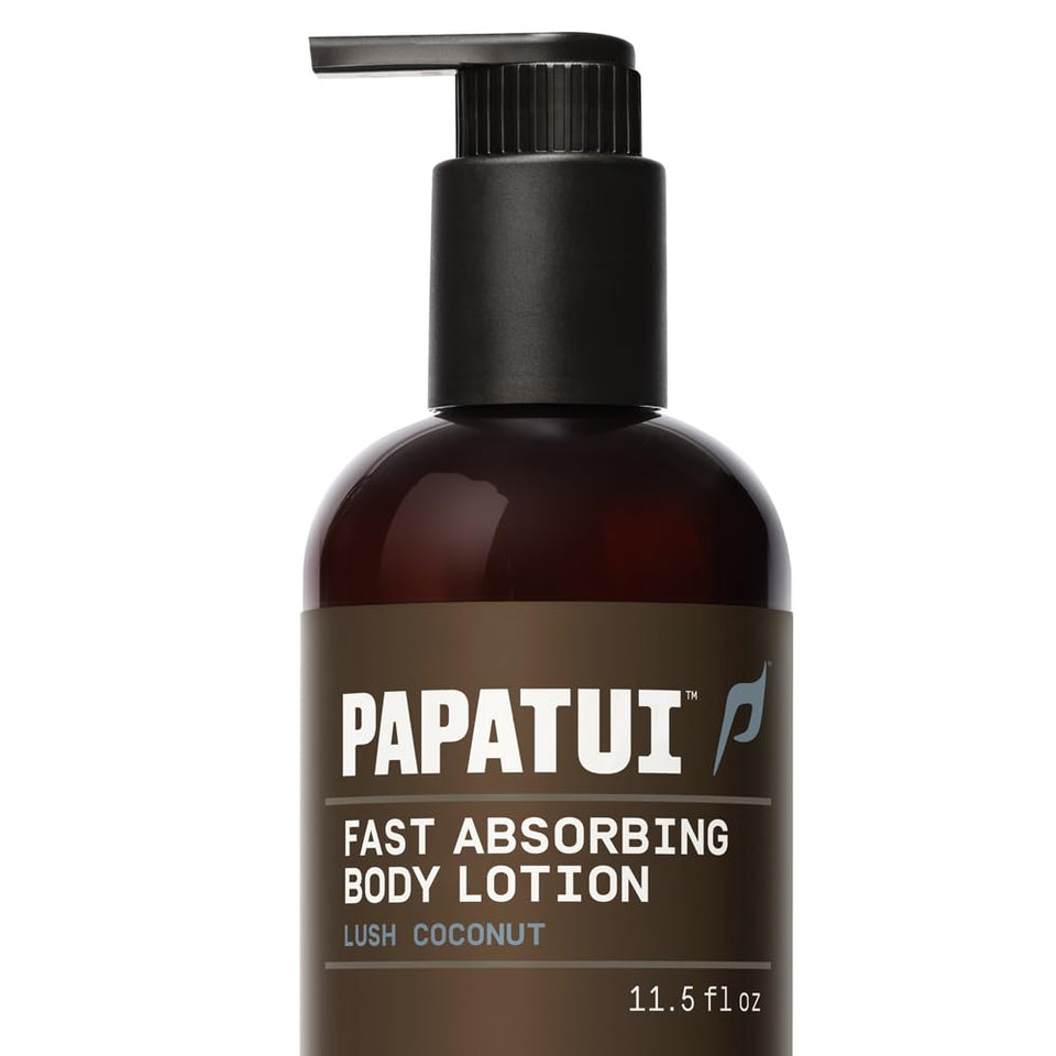 PAPATUI front bottle view showing lush coconut scent and quick hydration benefit