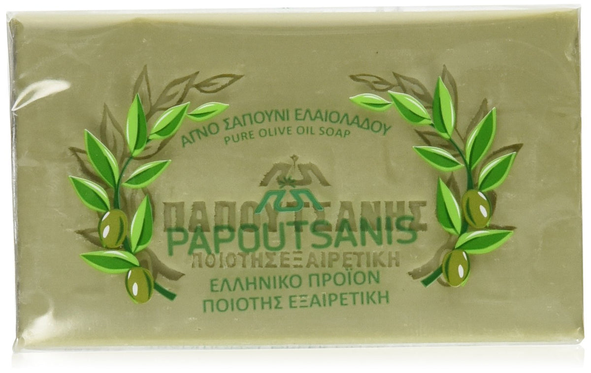 Papoutsanis front packaging of six 125g bars showing value and gentle cleansing