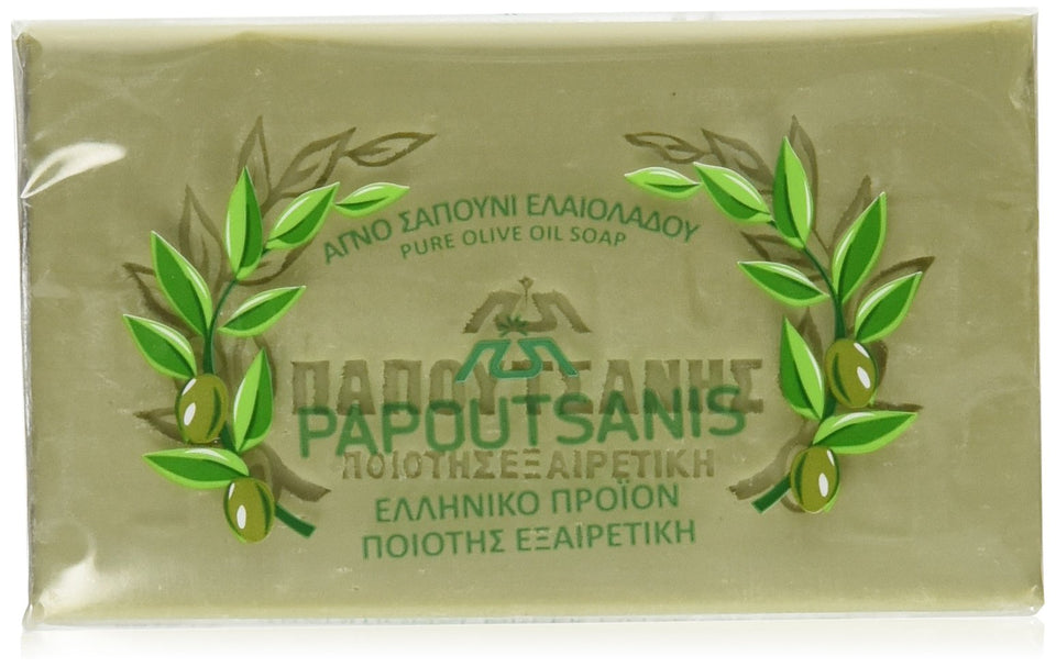 Papoutsanis front packaging of six 125g bars showing value and gentle cleansing