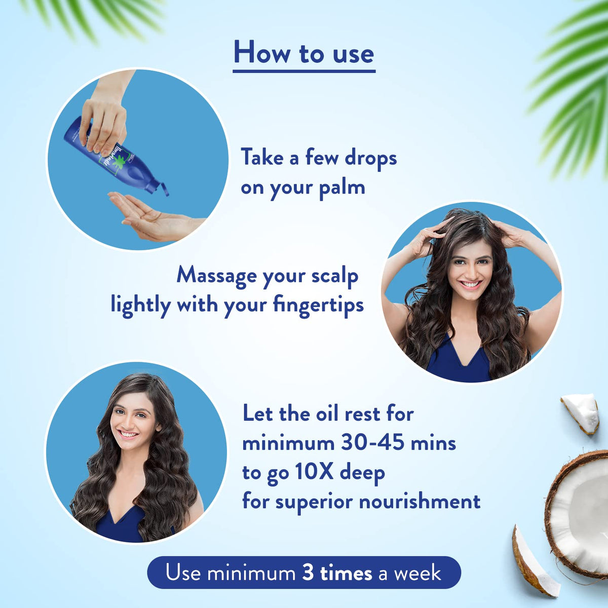 Parachute Advansed being applied along hair lengths to reduce breakage