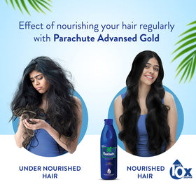 Parachute Advansed oil in palm ready for application to nourish hair