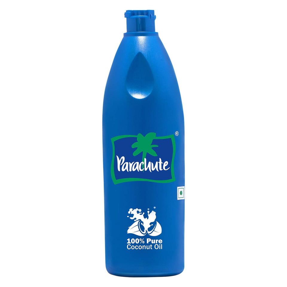 Parachute bottle front view showing clean branding and pure oil benefit