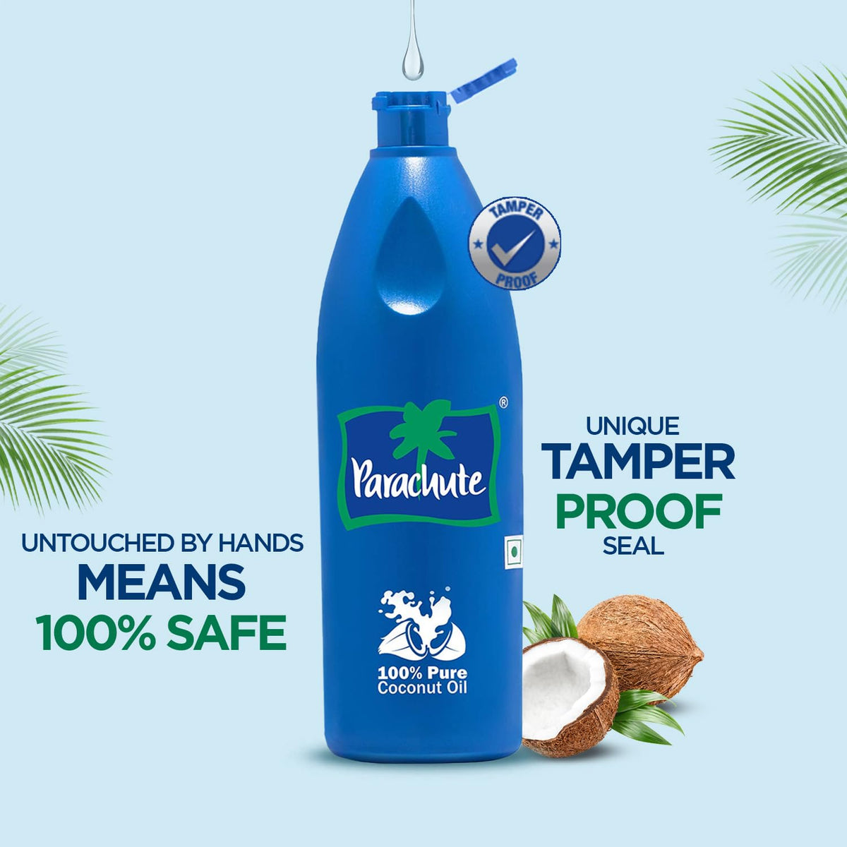 Parachute coconut oil rubbed into skin to show natural moisturization benefit