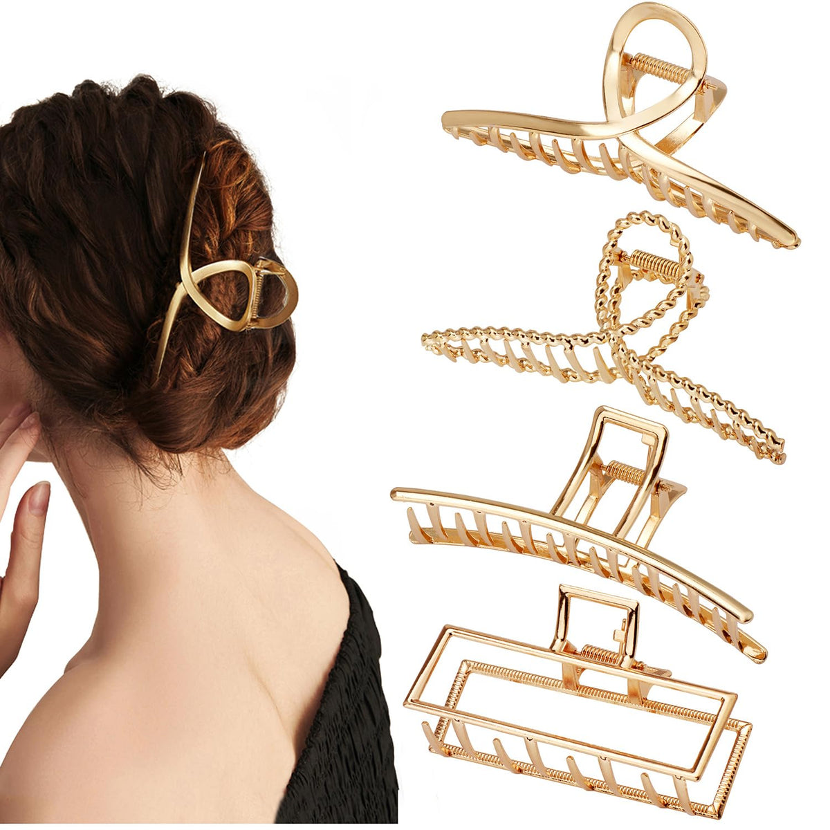 Parcce front packaging showing four gold metal hair clips and variety