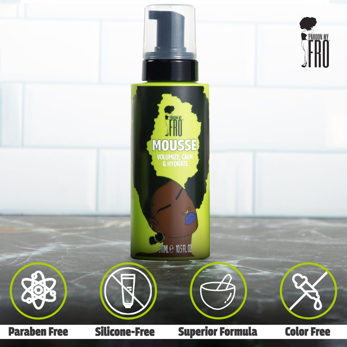 Pardon My Fro on a bathroom shelf with other styling products for routine inspiration