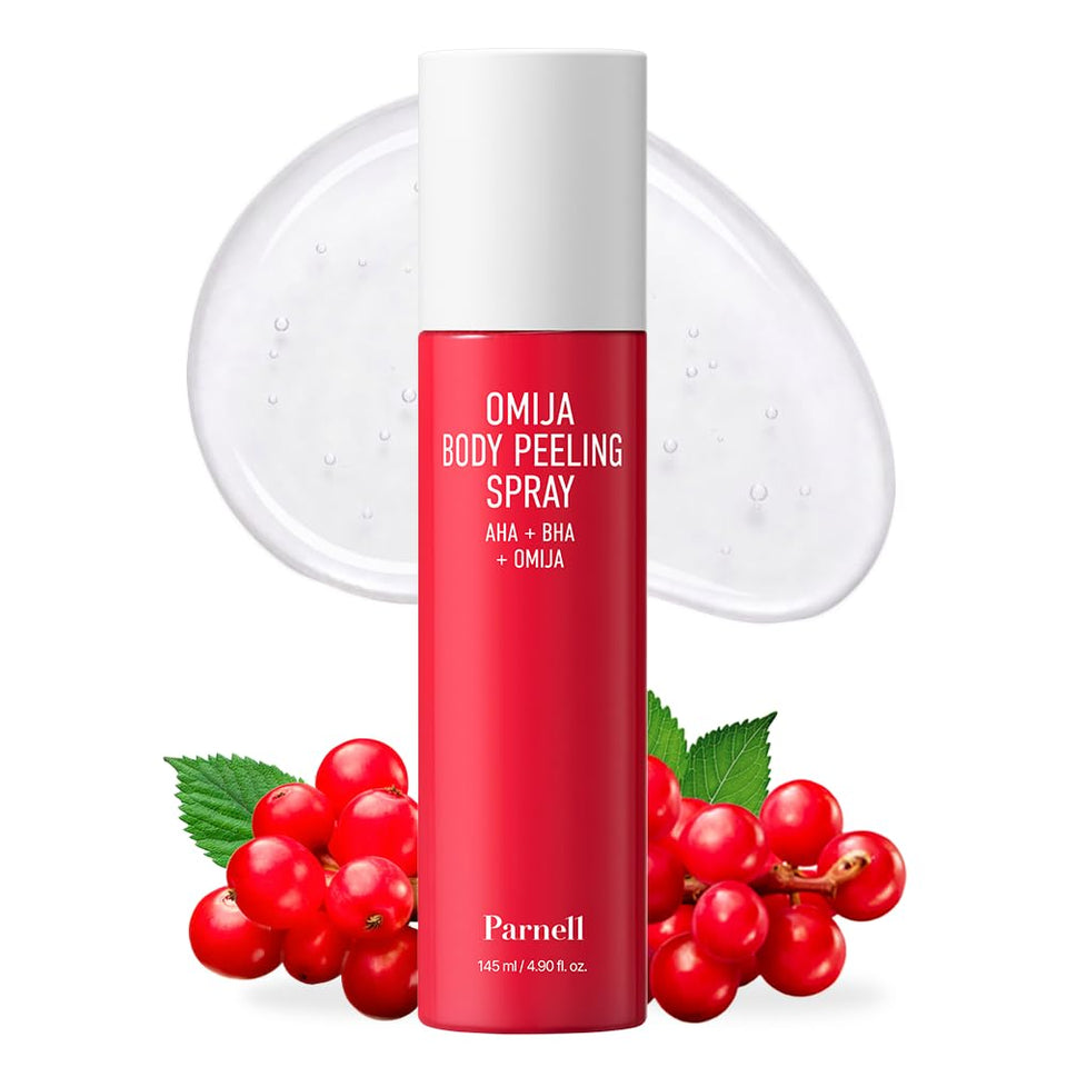 Parnell front packaging of body peeling spray showing product benefit