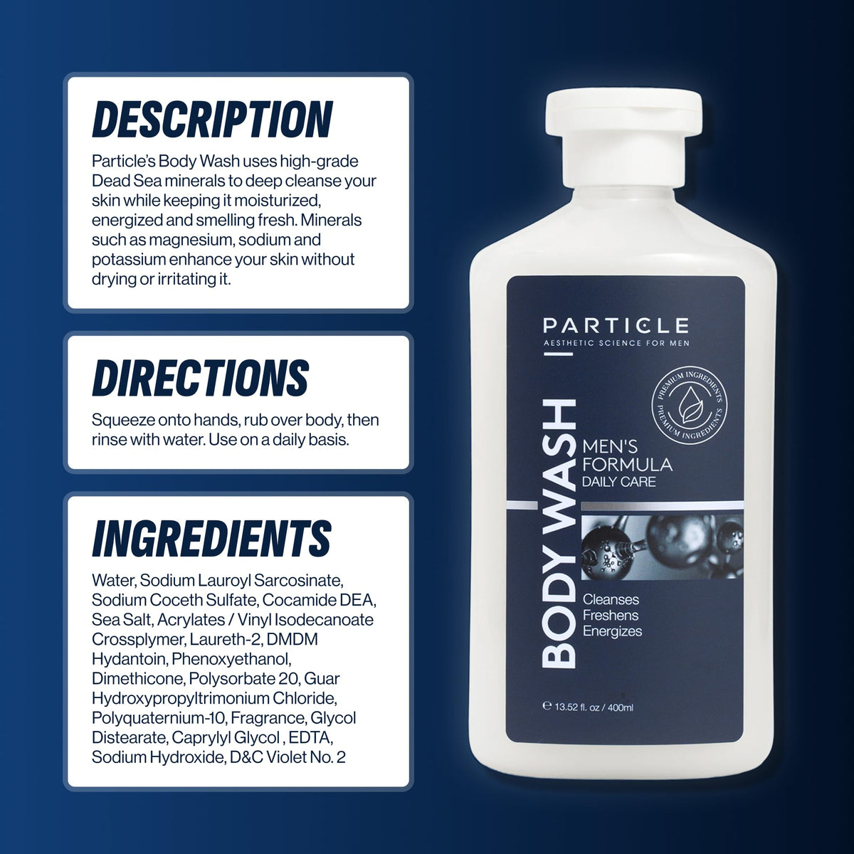 Particle bottle next to a travel item showing 13.52 fl oz portability benefit