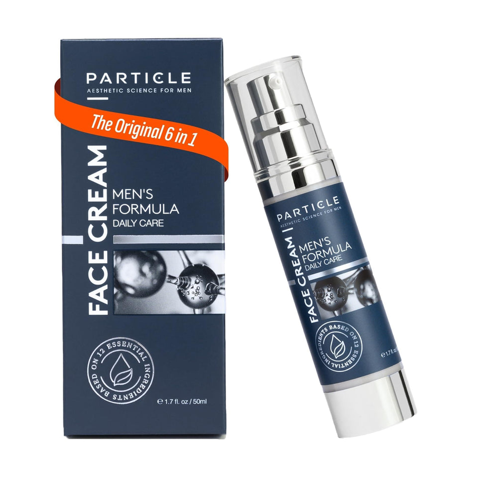 Particle front packaging showing bottle and label with grooming benefit