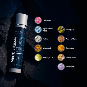 Particle neck cream application on neck demonstrating easy absorption