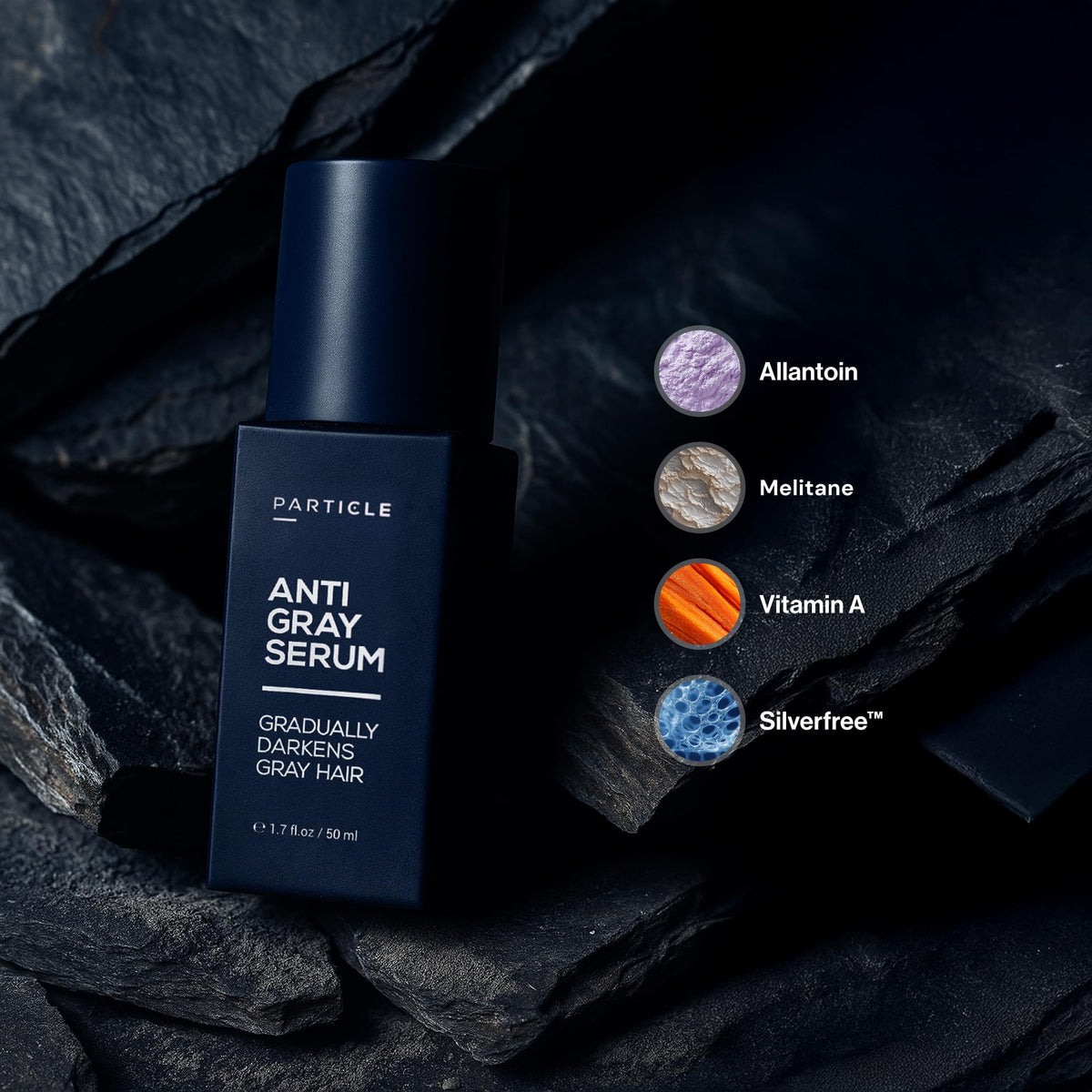 Particle serum texture on fingertip, demonstrates lightweight absorbent formula