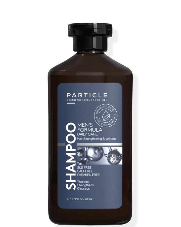 Particle shampoo front bottle showing branding and 400 mL size for clear identification