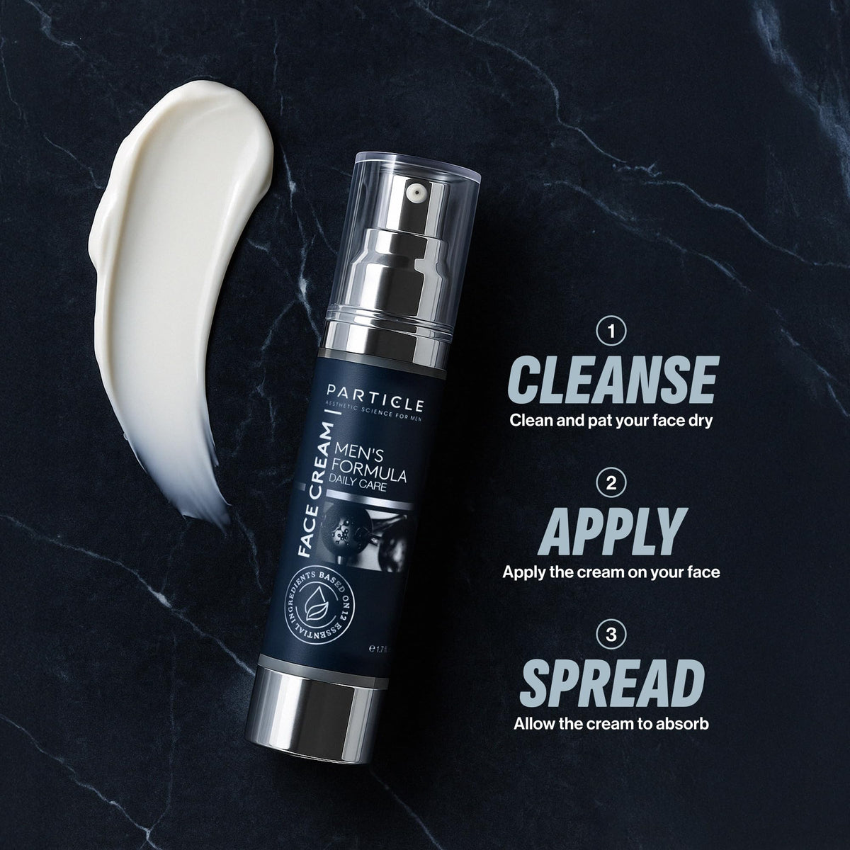 Particle size comparison next to common items to show 1.7 fl oz travel benefit