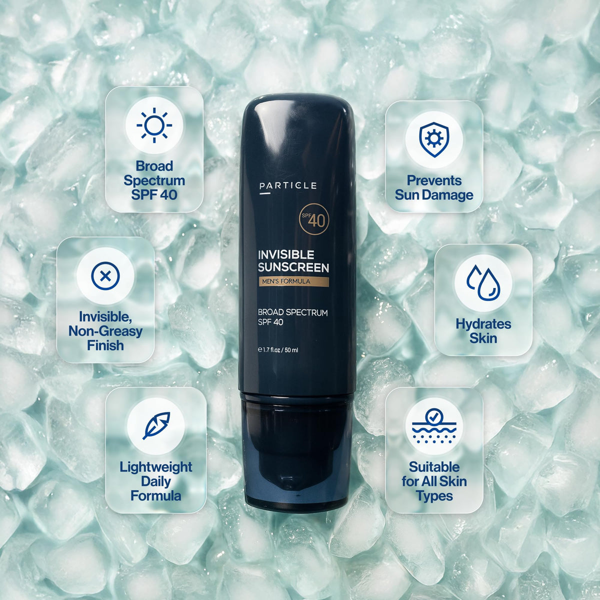 Particle sunscreen texture close-up showing lightweight, smooth finish