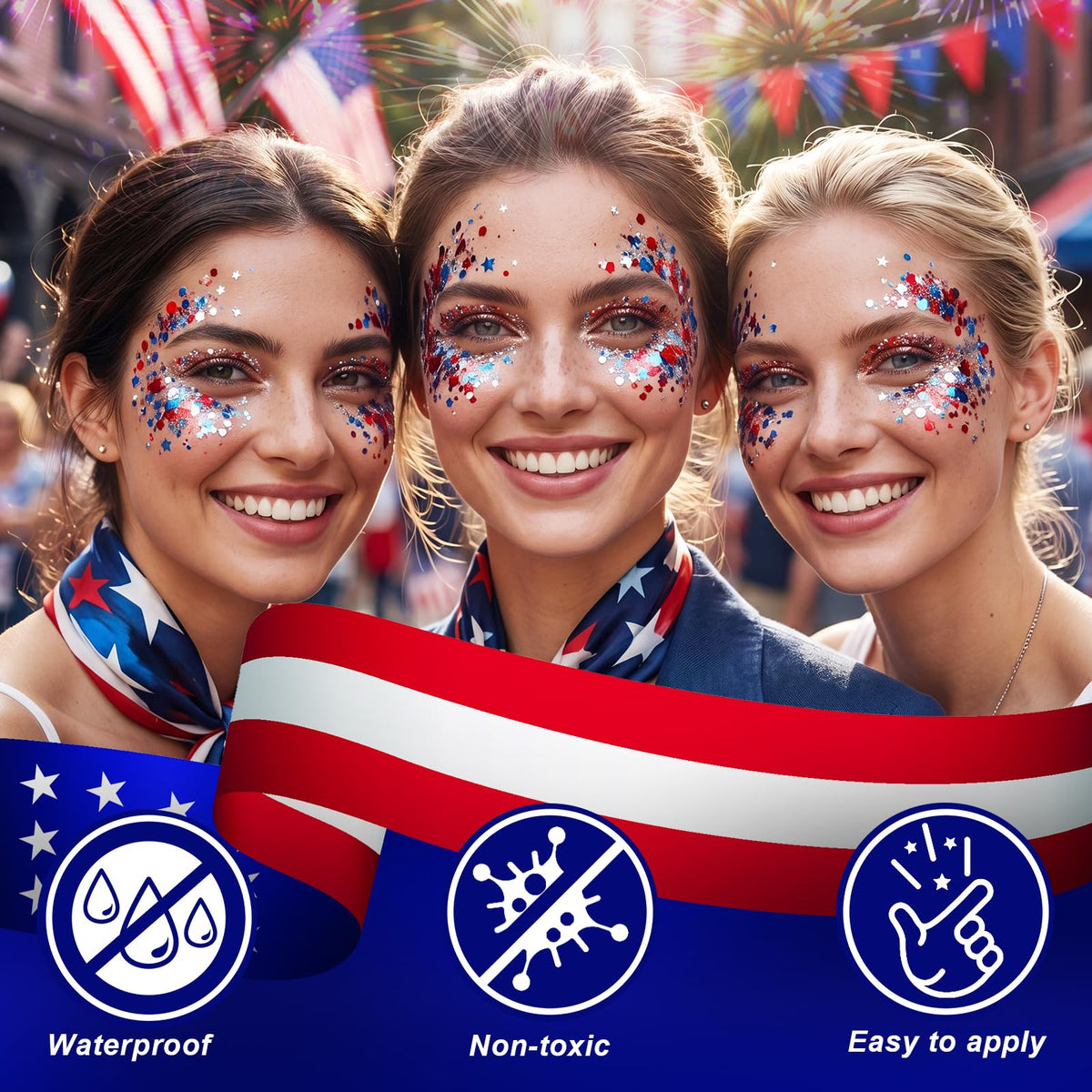 PASNOWFU application on cheek with patriotic star accent and lasting shine for photos