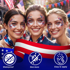PASNOWFU application on cheek with patriotic star accent and lasting shine for photos
