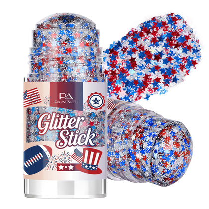 PASNOWFU glitter stick front packaging showing patriotic red white blue finish and portability