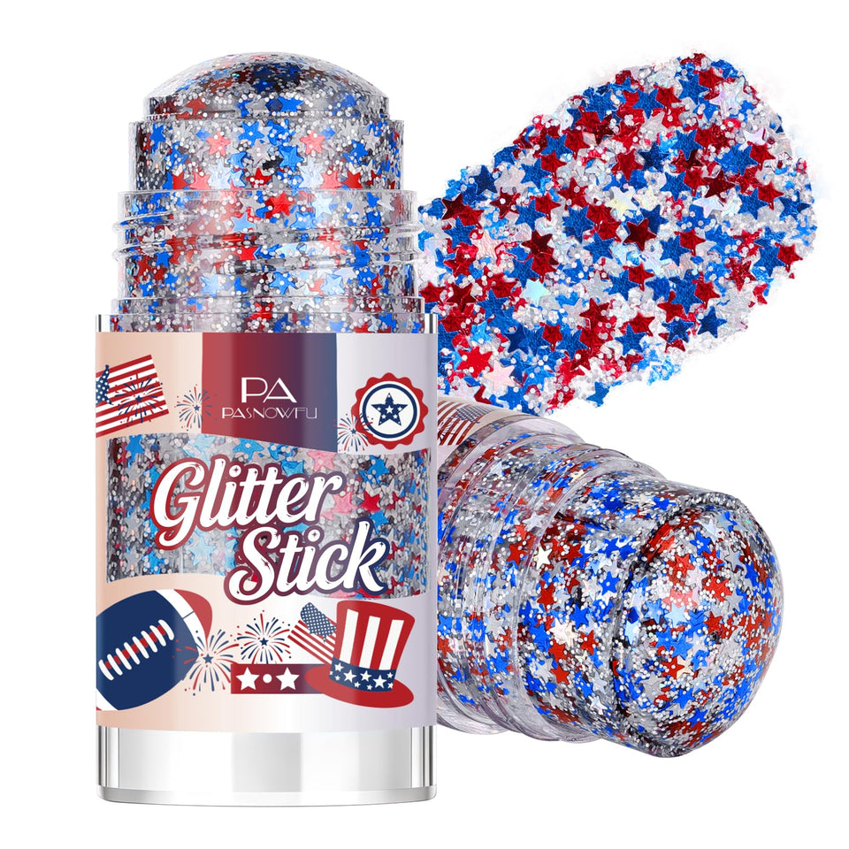 PASNOWFU glitter stick front packaging showing patriotic red white blue finish and portability