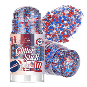PASNOWFU front packaging shows patriotic glitter stick for easy party application