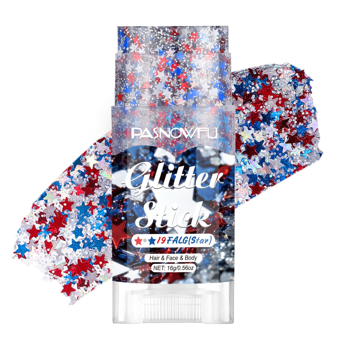 PASNOWFU front packaging showing twist‑up red white blue glitter stick and clear cap for portability