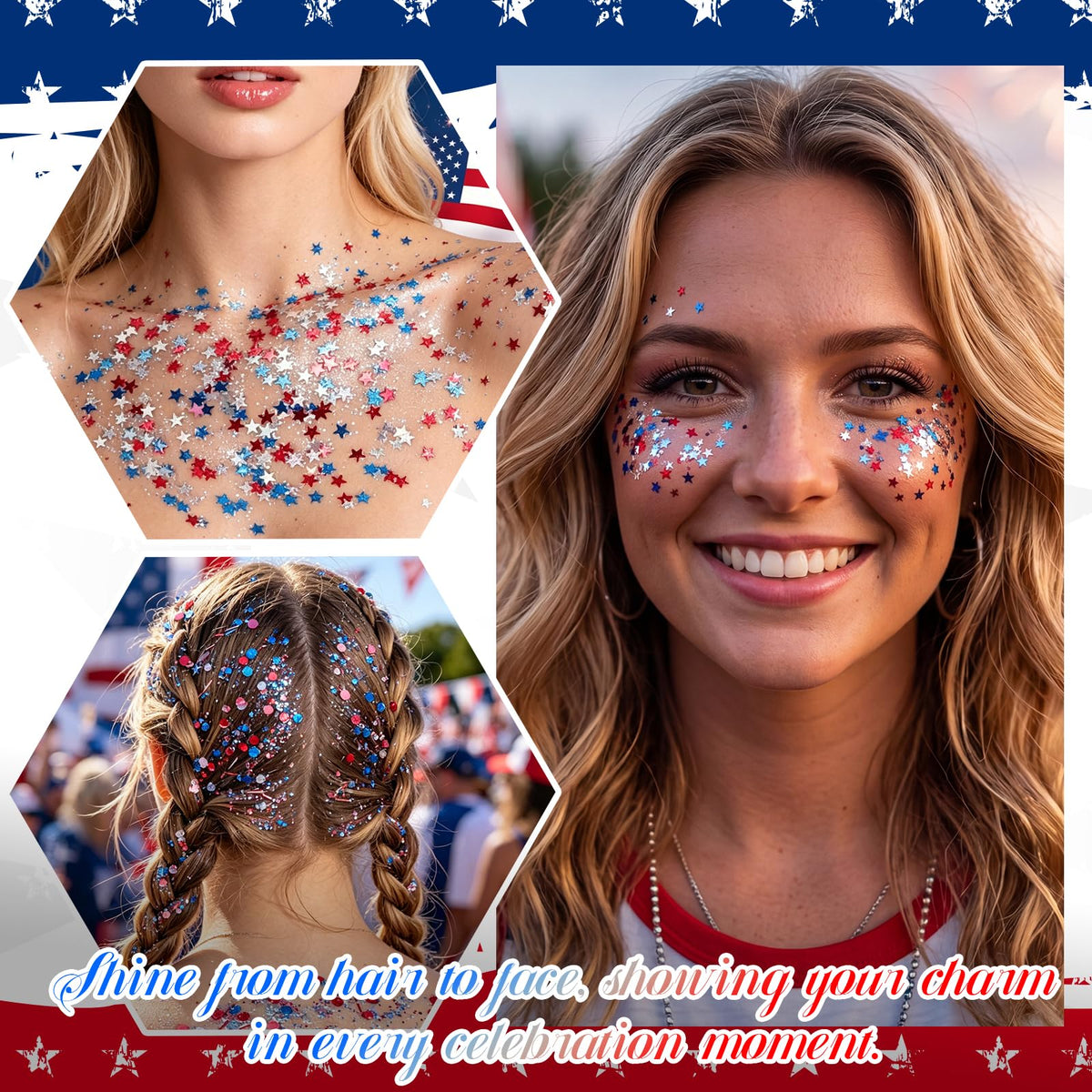 PASNOWFU hair highlight demo with glittered braid for festival‑ready red white blue accents
