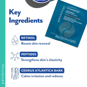 Patchology application demo with patch placed under eye to reduce puffiness
