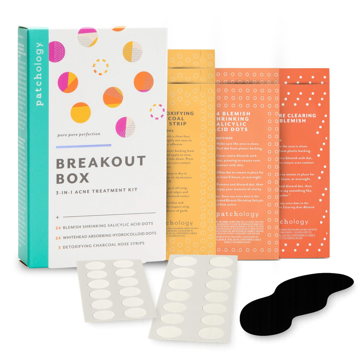 Patchology front packaging showing the 3-in-1 breakout kit and clear benefits