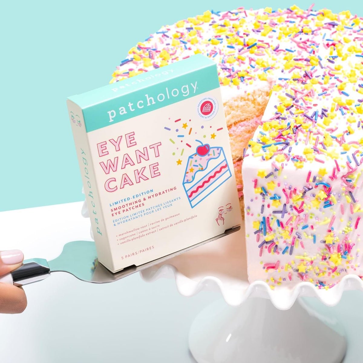 Patchology close-up of sprinkle-decorated eye patch highlighting playful design and glow