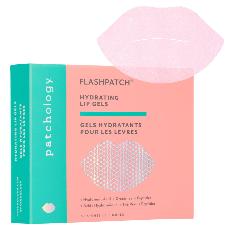 Patchology front packaging showing five-count lip gel masks and benefits